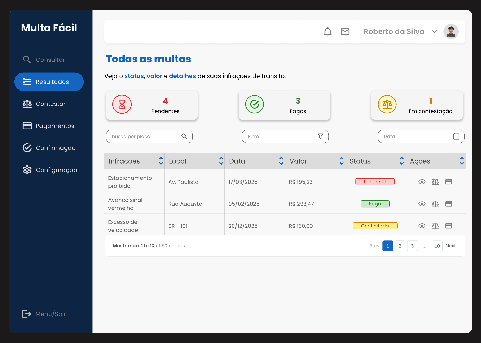 Panel de resultados de Multa Fácil con listado de infracciones y estados
