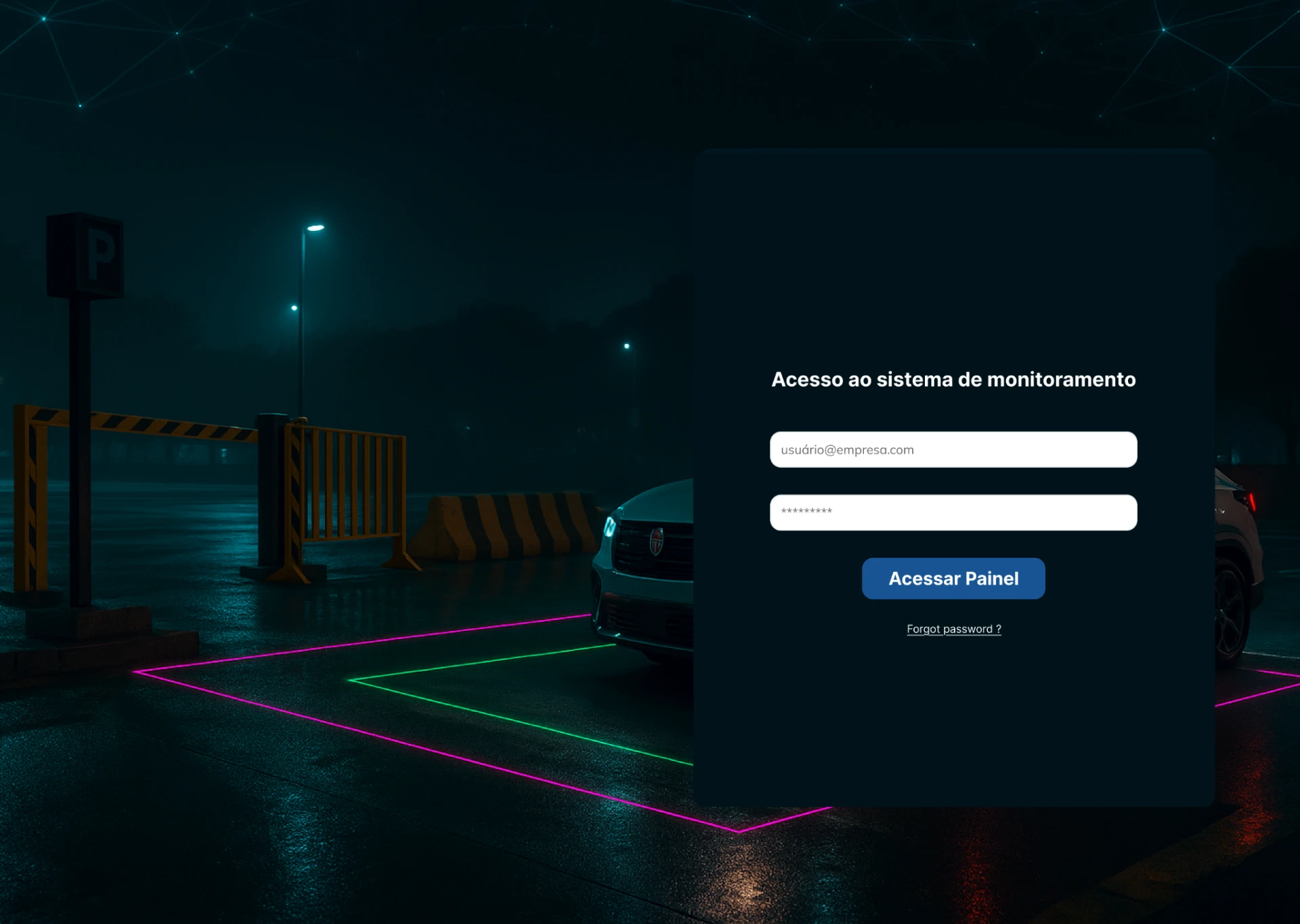 Pantalla de acceso de Vcount sobre una imagen nocturna de un aparcamiento monitorizado