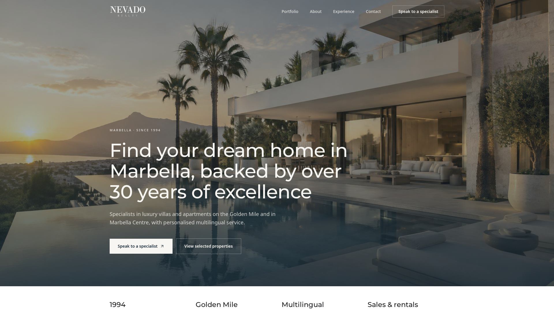 Concept Preview de Nevado Realty para una presencia inmobiliaria premium en Marbella