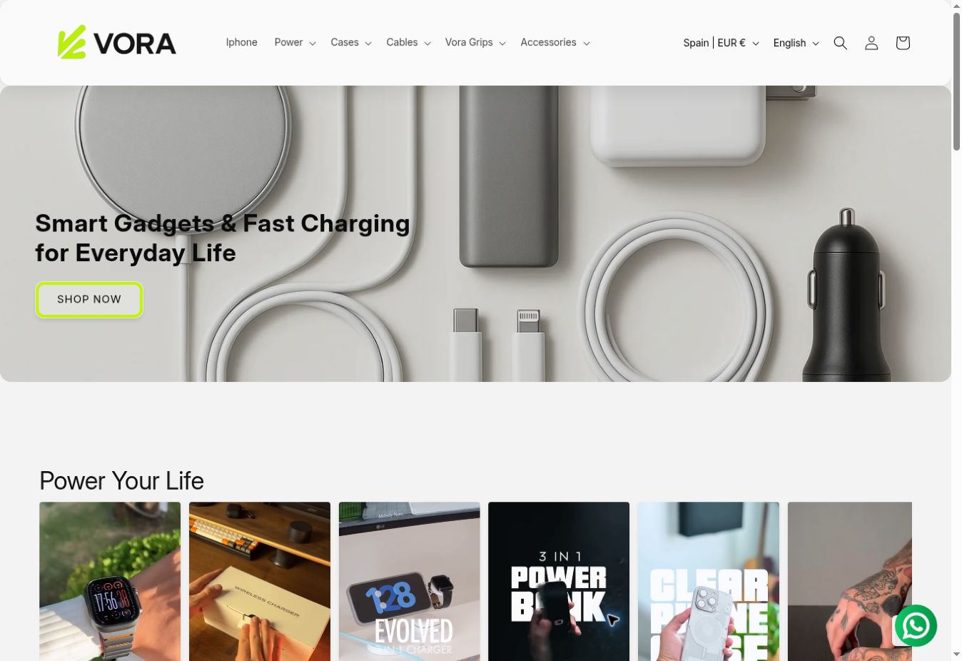 Portada de la tienda Shopify de Vorashop con banner de producto y navegación por categorías